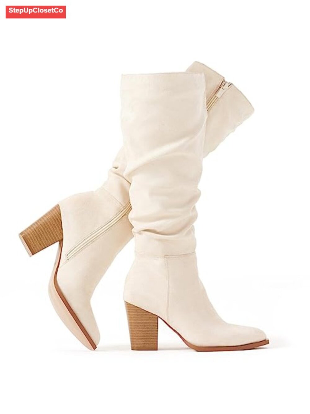 Faux Suede Knee High Boots Pointed Toe Chunky Heel Slouchy Womens